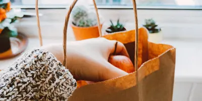 A person's arm inserting an apple into a brown paper bag in front of a windowsill filled with plants.