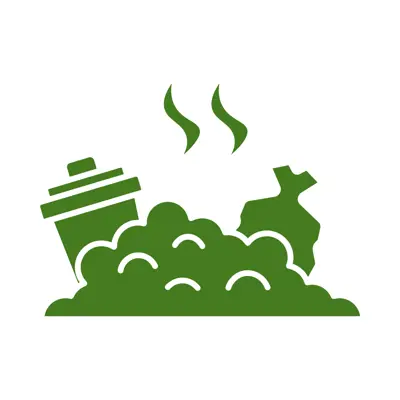A green icon of a landfill with waves emanating to represent emissions.