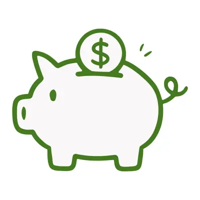 Green icon of piggy bank with a coin in the deposit slot.