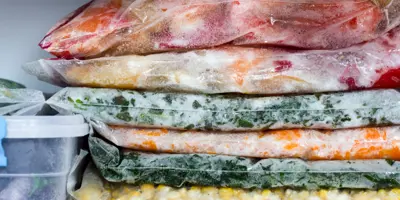 Bags of frozen vegetables stacked inside a white freezer.