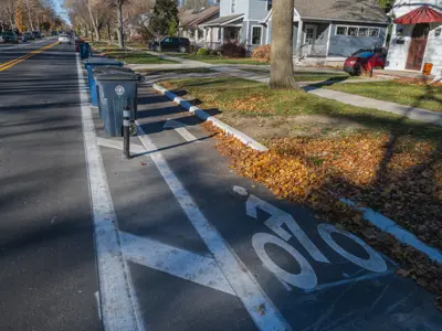 Photo of one-way bike lane with large buffer; carts go in buffer. 