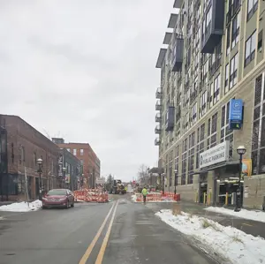 Washington Street in Ann Arbor with construction closures in place